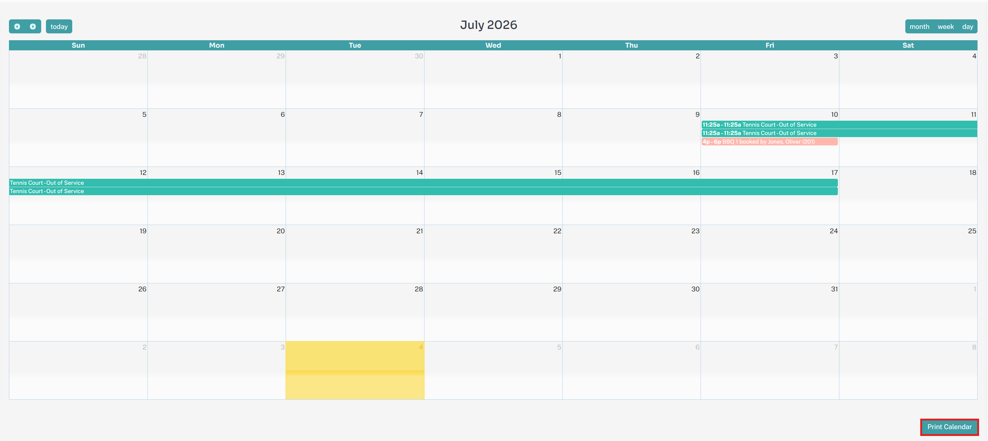Print Calendar button