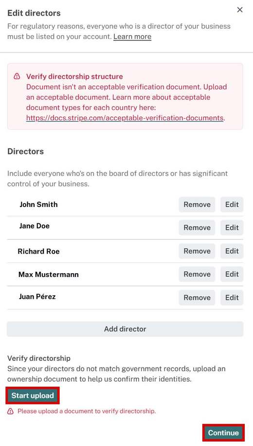 Edit directors screen with Start upload and Continue